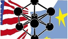 © Günter Hack, Atomium vor US- und EU-Flagge © Günter Hack, Atomium vor US- und EU-Flagge