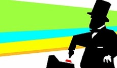 � G�nter Hack, Grafik: Silhouette eines Mannes mit Zylinder, einen roten Knopf dr�ckend